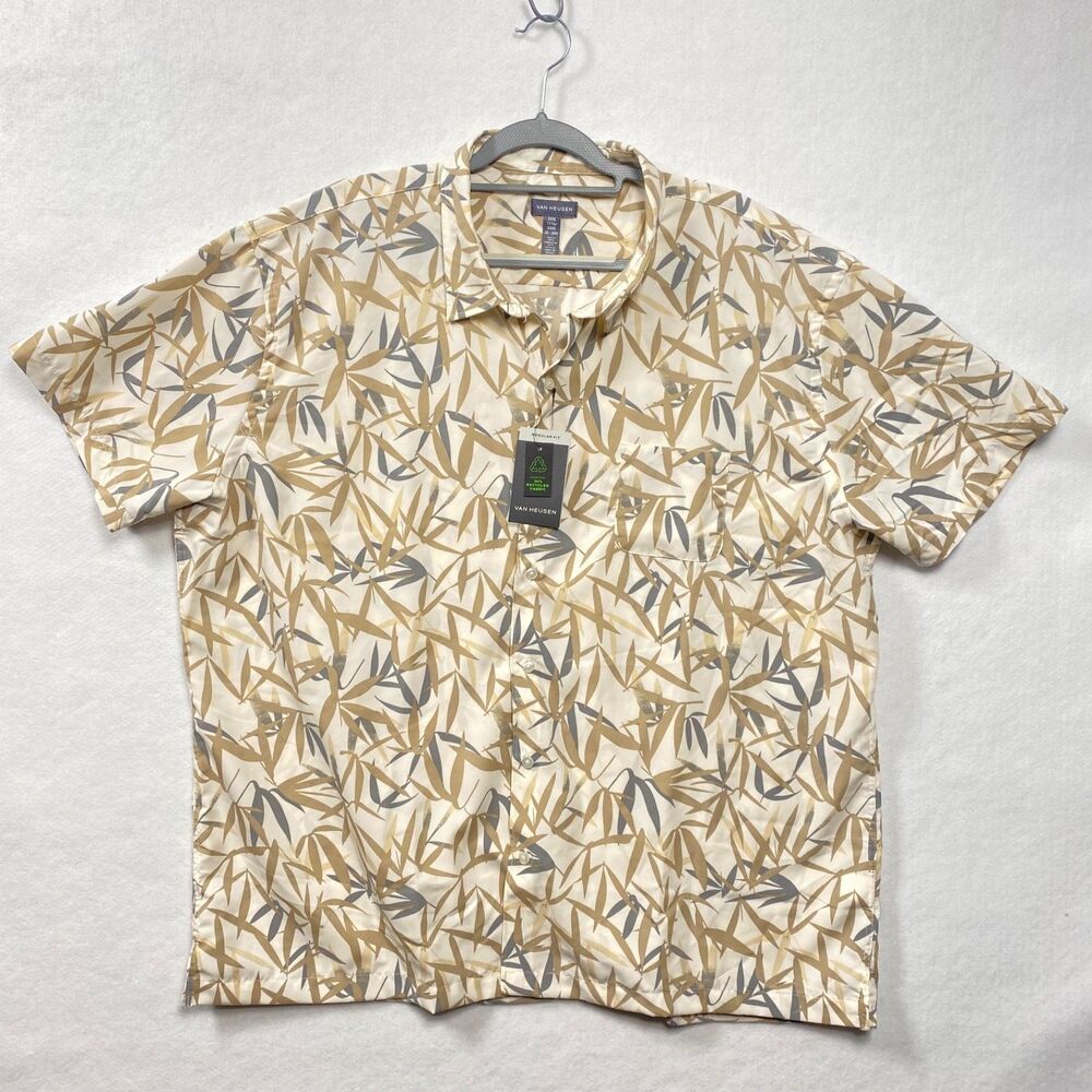 Van Heusen Men XXXL Weekend Bamboo Woven Short Sleeve Camp Shirt Fog NWT